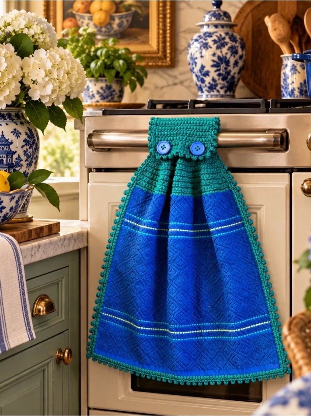 Handmade Crochet Hanging Kitchen Towel Royal Blue Teal Mainstays